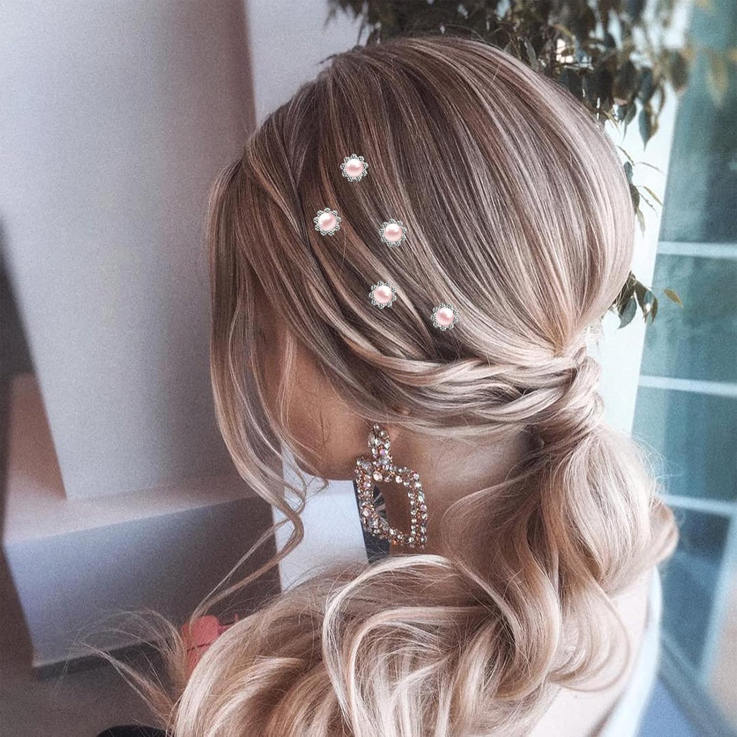 20 Pack (Pink) Pearl Crystal Hair Pins Flower Rhinestone Hair Clips for Bridal Wedding Women Hair Jewelry Accessories, with Clear Container