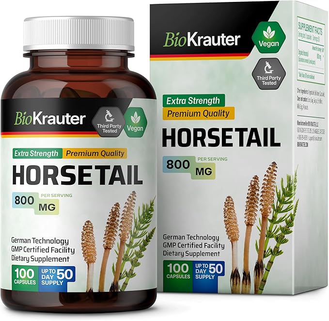 BIO KRAUTER Horsetail Herb Capsules - 800 mg Strength - 100 Count - Horsetail Powder Capsules - Hair Support