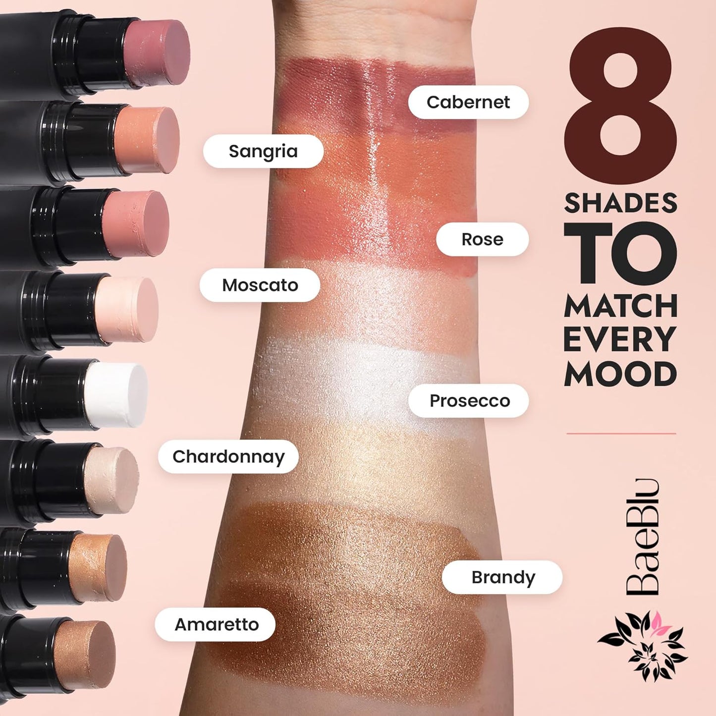 BaeBlu - Organic Blush Tube, Amaretto - 100% Natural Vegan Cream Blush Sticks, Multi-Use Bronzer, & Highlighter for Lips, Cheeks & Eyes, Buildable Shimmer, Gluten-Free, Paraben-Free, Made in USA