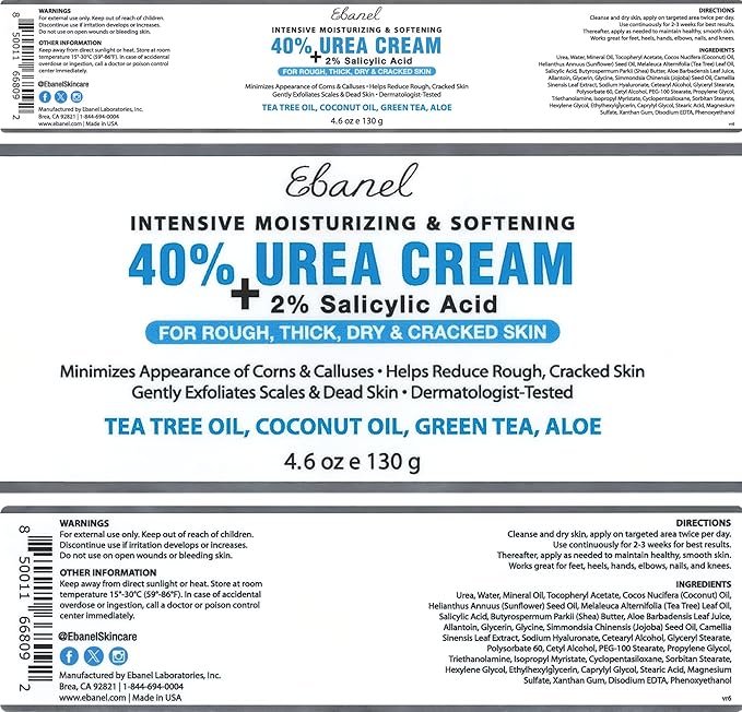 Ebanel Urea Cream 40% plus Salicylic Acid 2%, Foot Cream for Dry Cracked Heels Feet Knees Elbows Hands, Foot Dead Skin Cuticle Callus Remover Toenail Softener, Keratolytic Skin Barrier Repair, 6-Pack