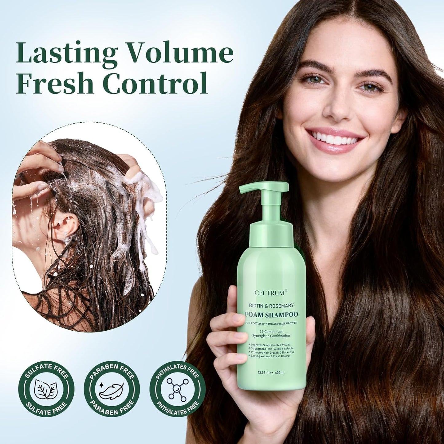 Foam Shampoo with Biotin & Rosemary for Hair Growth, Root Activator for Men and Women, 12-Component Synergistic Blend for Visibly Thicker Hair - 13.53 fl oz (Pack of 2)