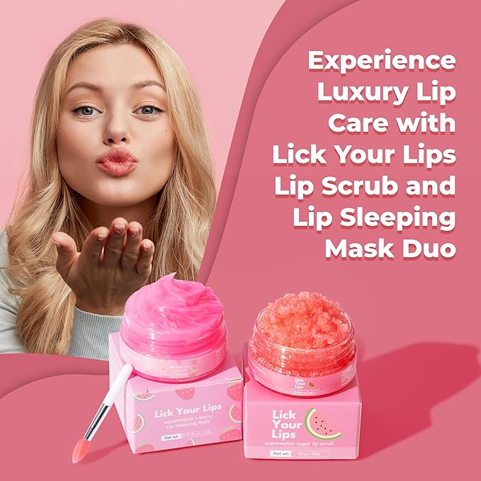 Watermelon Lip Scrub and Lip Sleeping Mask Duo to Exfoliate and Nourish Dry, Lip Scrub and Mask Set for Chapped Lips – Overnight Lip Care Kit to Achieve Soft, Luscious Lips