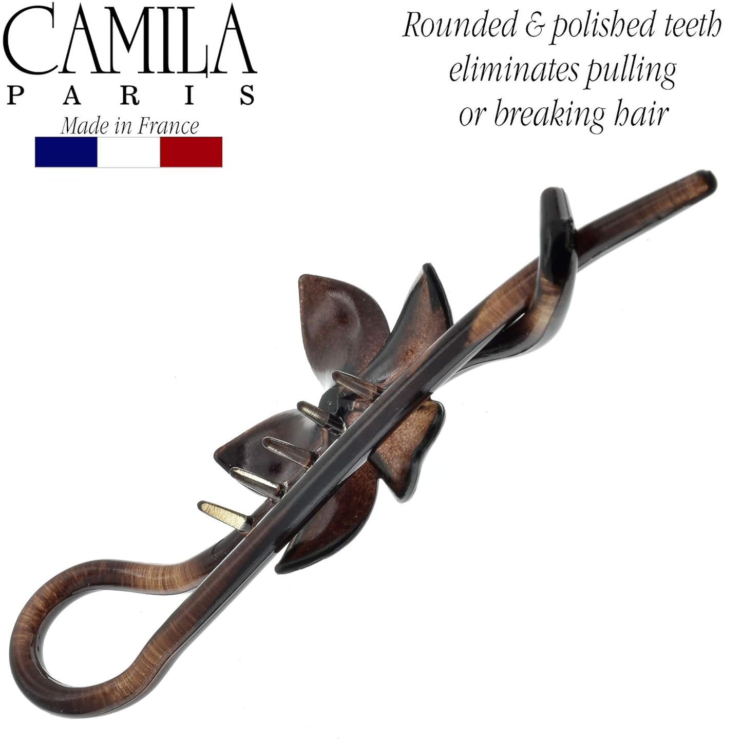 Camila Paris CP1592 French Hair Barrette Pin Clips for Girls, Flower, Tortoise Shell, No Metal Parts, Strong Hold Grip Hair Clips for Women, No Slip Styling Girls Hair Accessories, Made in France