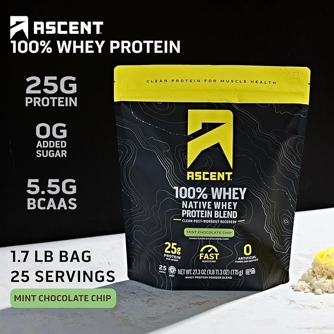 Ascent 100% Whey Protein Powder - Post Workout Whey Protein Isolate, Zero Artificial Flavors & Sweeteners, Gluten Free, 5.5g BCAA, 2.6g Leucine, Essential Amino Acids, Mint Chip 1.7 lb