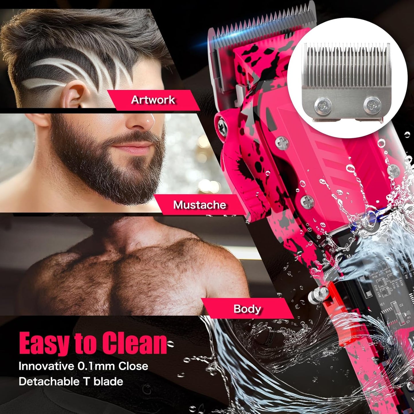 Professional Hair Clippers for Men, Cordless Barber kit for Hair Cutting & Grooming, Pink Hair Clippers Set for Barber Haircut with LED Display 8 Fade Taper Combs