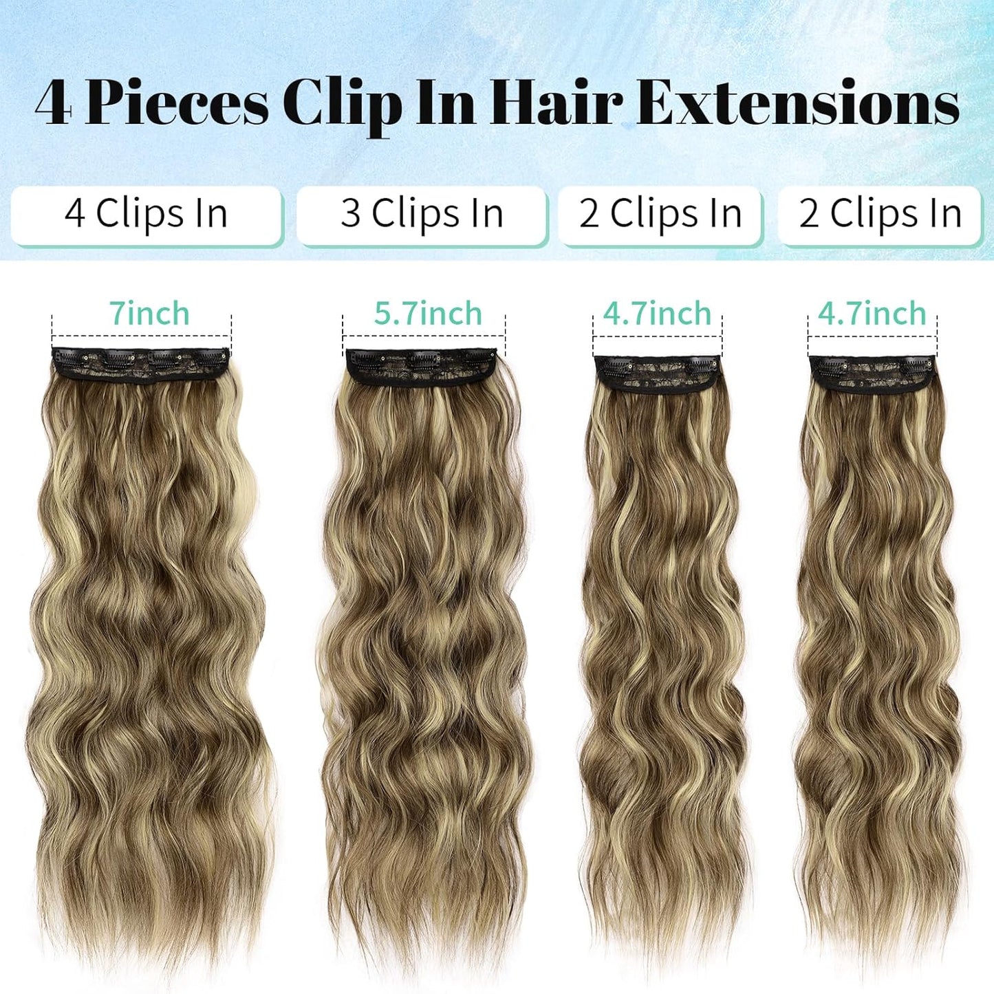 KooKaStyle Hair Extensions Brown mix Blonde Clip in Synthetic Highlight Hair Extensions Long Wavy 4PCS Thick Hairpieces 24 Inch for Women