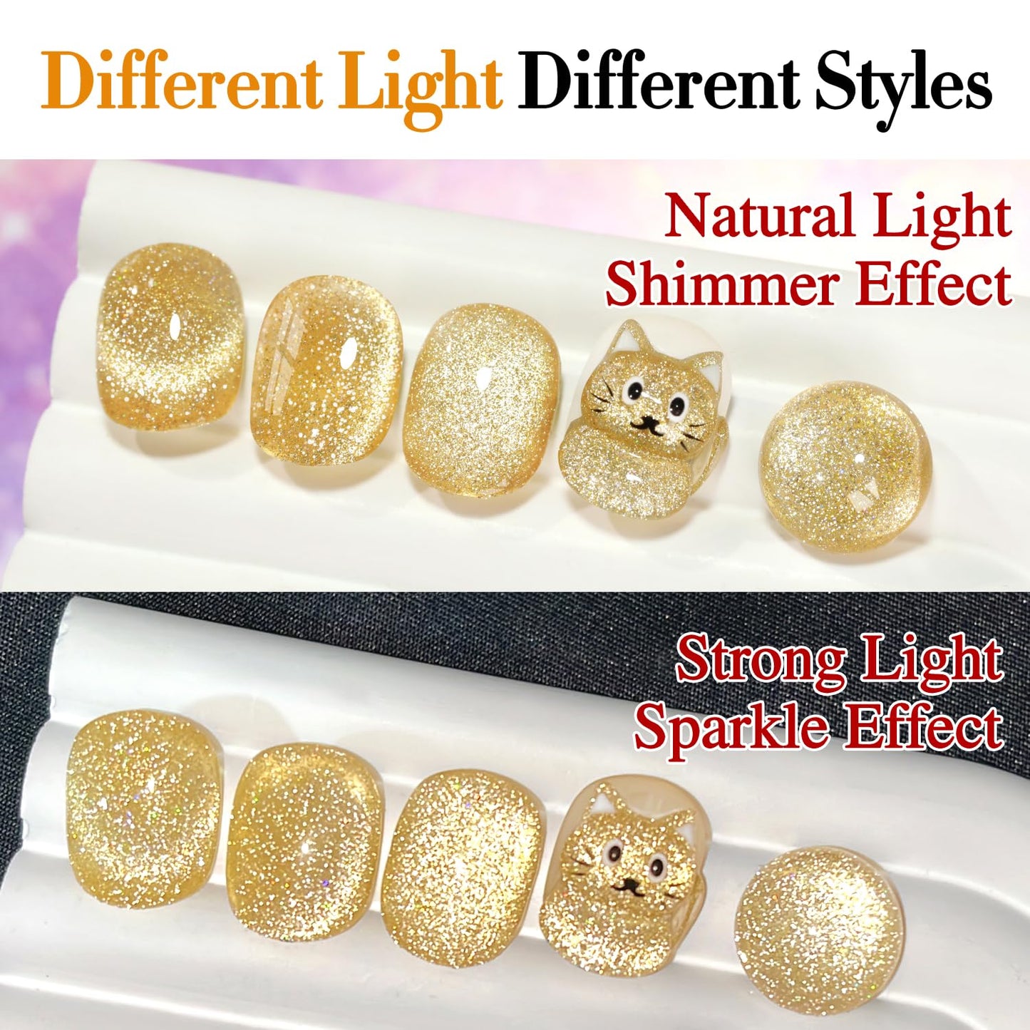 Double Rhythm Cat Eye Gel Polish with Magnet 15ML Holographic Glitter Shimmer Translucent Sheer Color Glass Magnetic Gel Polish Salon DIY at Home (Light Gold-MC1064)