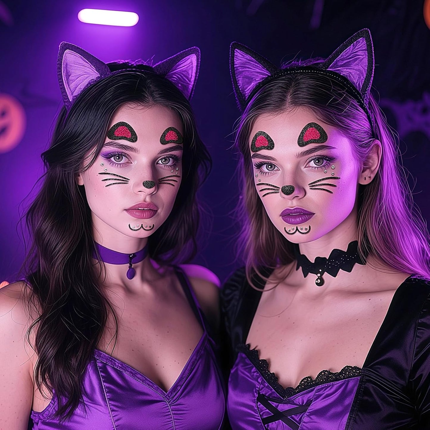 Face Stickers Gems Halloween Temporary Tattoo Sticker Animals Face Sticker Decal Body Face Self-adhesive Sticker Stage Makeup Party Cosplay Decoration 2pcs (cat)