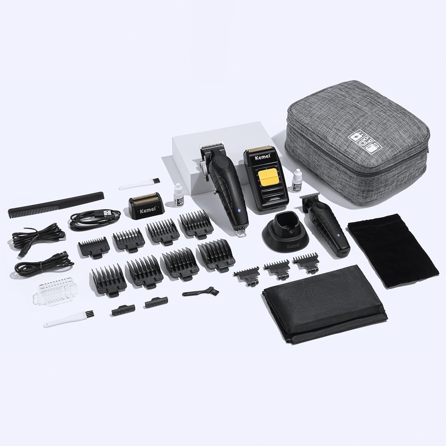 KEMEI Professional Hair Clipper and Trimmers Set, Cordless Barber Clippers, Beard Trimmer, Electric Foil Shaver with Replacement Heads, KM-2299, KM-2296, KM-1102