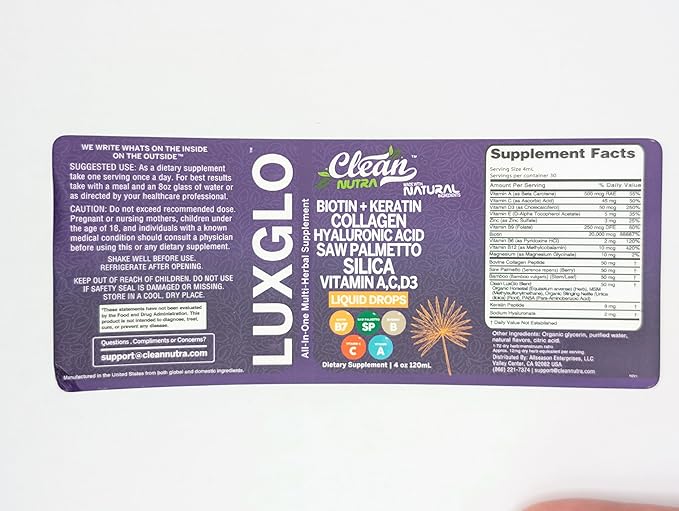 Biotin Liquid Drops Collagen Keratin Hyaluronic Acid Saw Palmetto for Hair Skin and Nails Silica Vitamin A C Vitamin D Bamboo Turmeric Zinc Folate Magnesium Horsetail LuxGlo by Clean Nutra - 2Pack