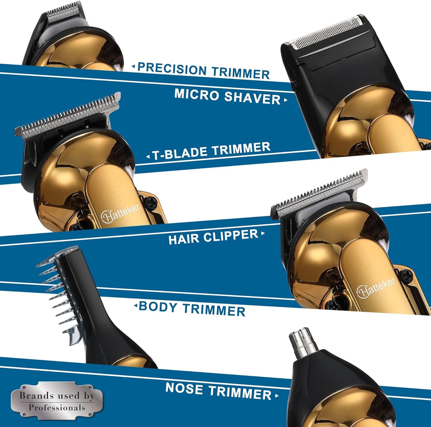 Hatteker Men's Beard Trimmer Kit Electric Razor Shaver Professional Hair Clipper with Zero Gapped T-Blade Nose Ear Beard Body Trimmer for Men Waterproof Cordless Grooming Kit 6 in 1