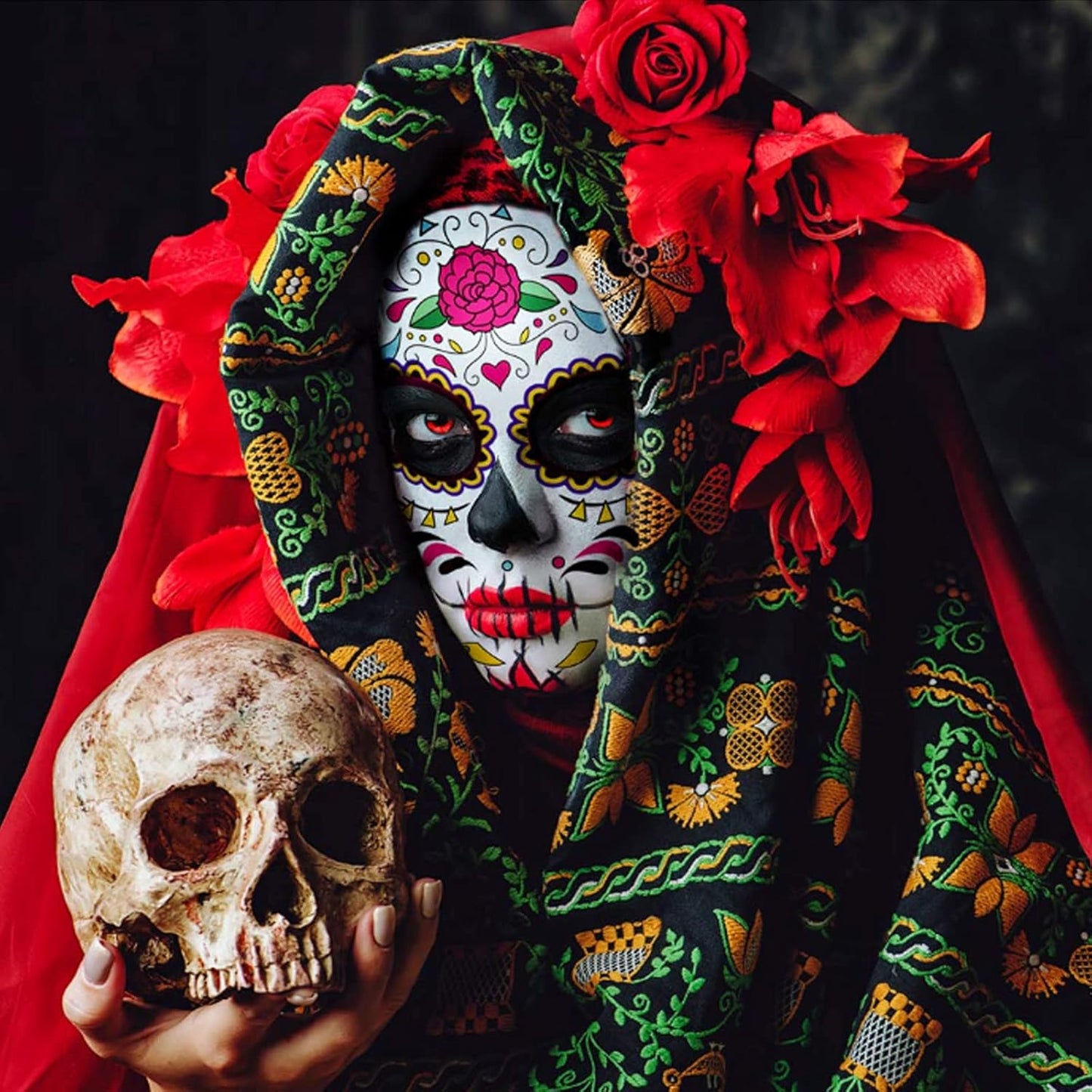 Day of the Dead Face Tattoos, Halloween Temporary Tattoo 10 Pack Dia de Los Muertos Skeleton Makeup Kit Catrina Red Rose Sugar Skull Full Face Stickers for Women Kids Halloween Accessories and Parties