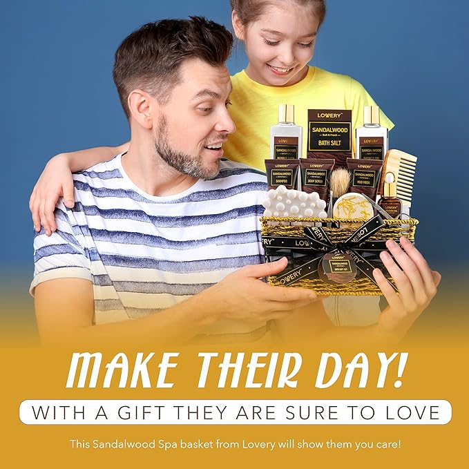 Mens Gift Set, 14Pc Sandalwood Bath Gift Set, Personal Self Care Kit, Gifts from Son, Relaxing Man Gift Basket for Dad, Boyfriend, Husband, Birthday Basket, Grooming & Skin Care for Men