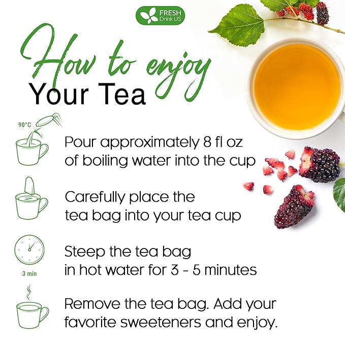 FreshDrinkUS, Premium 120 Mulberry Leaf Tea Bags, 100% Natural & Pure from Mulberry Leaves. Loose Leaf Mulberry Herbal Tea. Made with Natural Material Tea Bags. No Sugar, No Caffeine, No Gluten, Vegan.