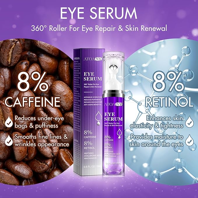 Eye Treatment Serum - 8% Caffeine & Retinol, Hyaluronic Acid, Niacinamide, Peptides - Cream for Dark Circles, Puffy Eyes, Fine Lines - 360° Eye Roller Massage Ball Included, 0.5 fl. oz