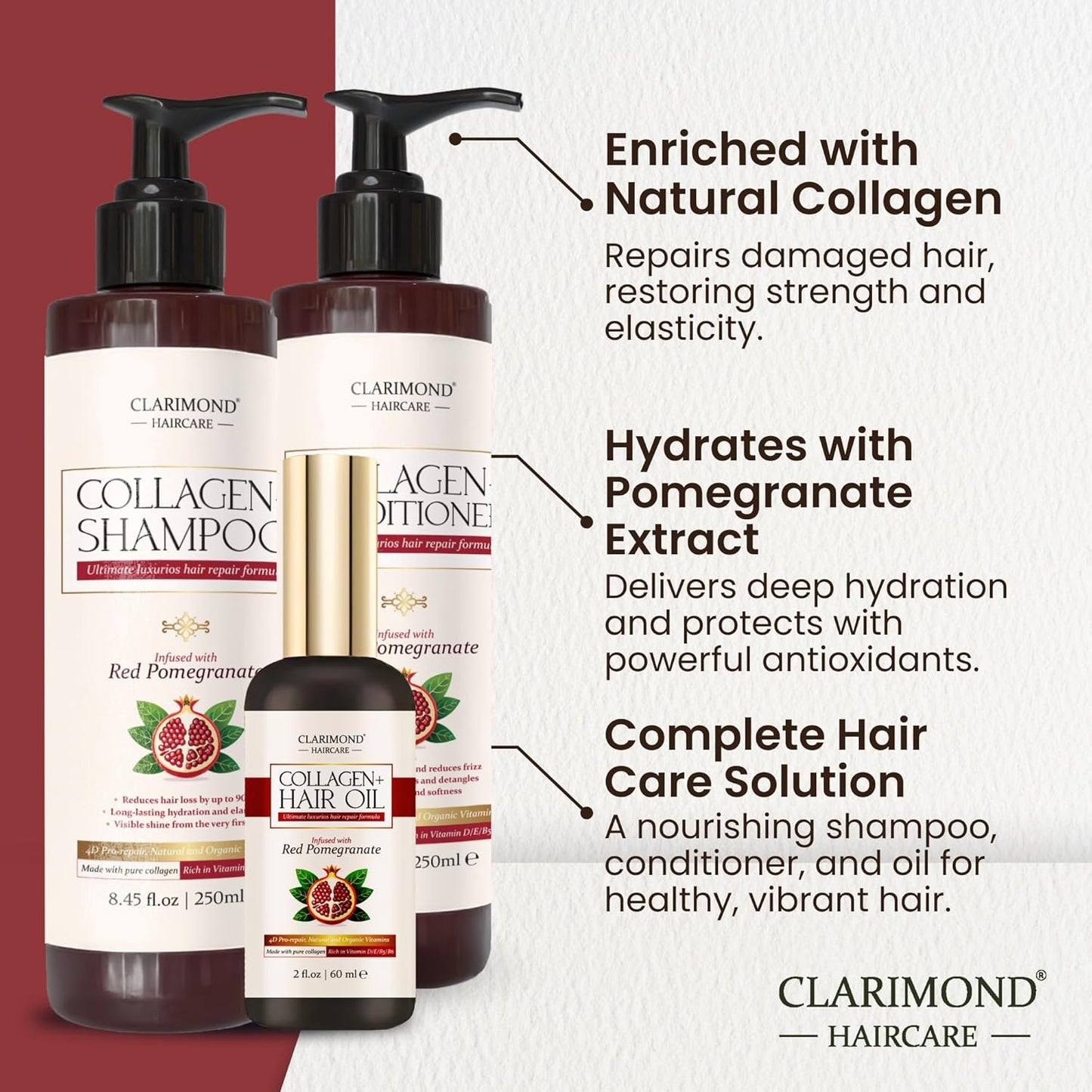 CLARIMOND Collagen Booster Complete Hair Loss Treatment - Shampoo, Conditioner & Hair Oil | UV Protection | Keratin & Vit. D/E/B5/B6 | Protect Hair Color-Treated, Frizz Control | For Sensitive Hair