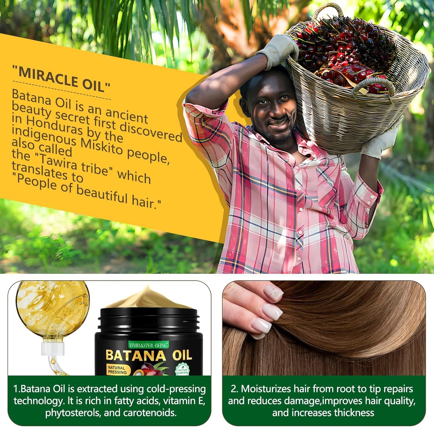 WHLH & WELL-BEING Batana Oil for Hair Growth, Natural Pure Unrefined Batana Oil, Prevent Hair Loss for Men & Women 4.2 OZ 1Pack