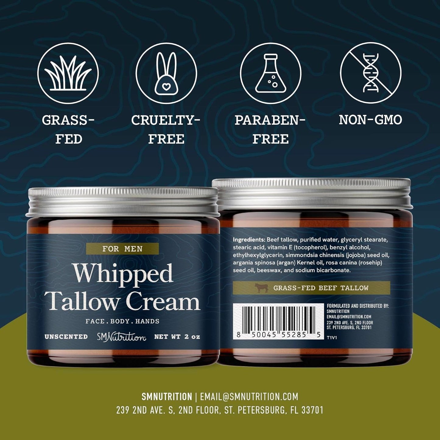 Whipped Beef Tallow Cream for Men | Face & Body | Beef Tallow for Skin Health & Barrier Support | Unscented | Whipped Men’s Moisturizer Cream with Beeswax | Grass-Fed, Cruelty-Free & Non-GMO | 2 oz