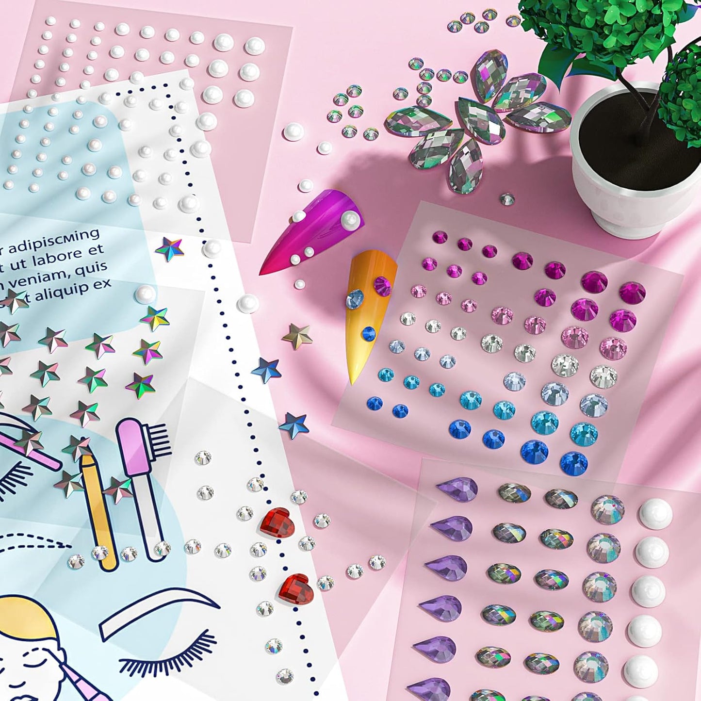 15 Sheets Face Gems Jewels Stick on Eye Body, Self Adhesive Rhinestones Stickers Rainbow Crystal Face Gems Jewels for Decorations Crafts Nail Makeup in 3 Size 15 Colors