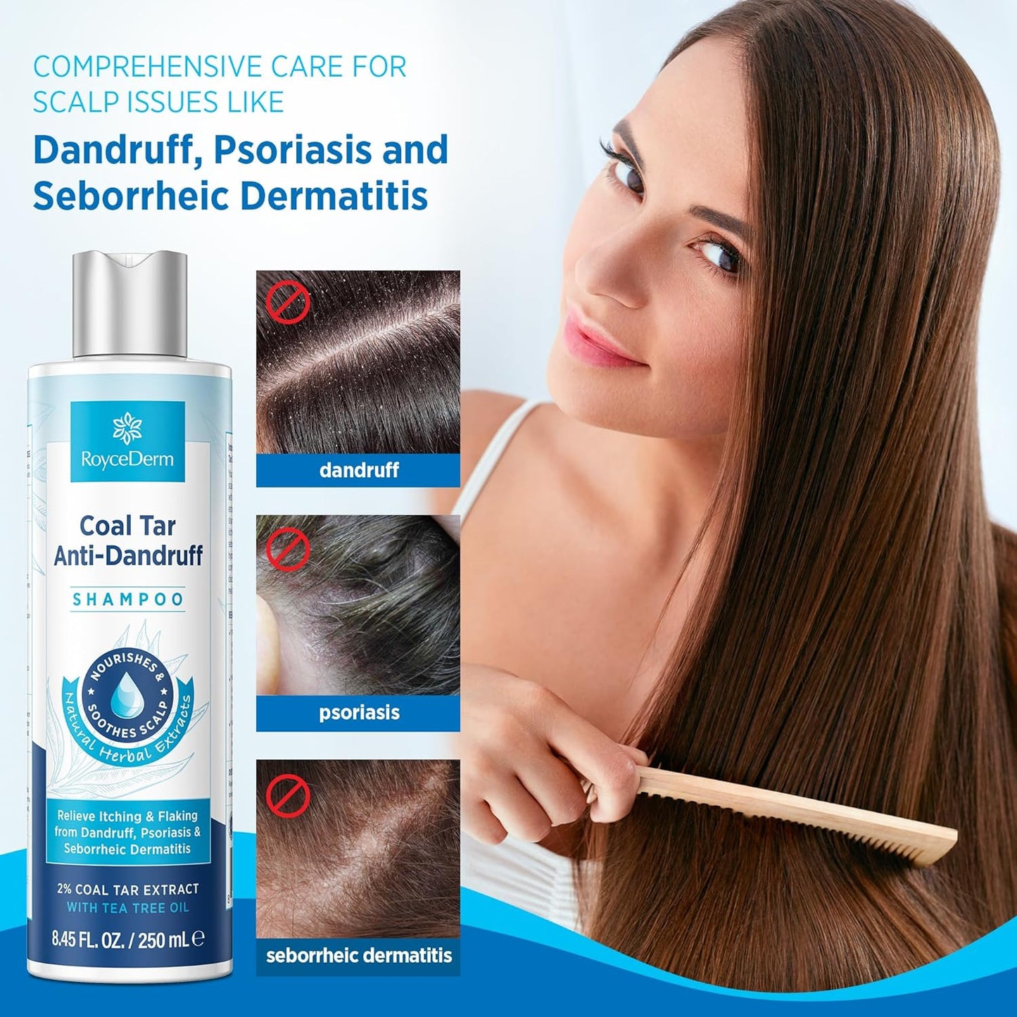 RoyceDerm Coal Tar Dandruff Shampoo: Extra Strength 2% Coal Tar Extract Medicated Gel for Rapid Scalp Hair Relief targets dandruff, psoriasis, and seborrheic dermatitis - Hydrating & Natural Fragrance