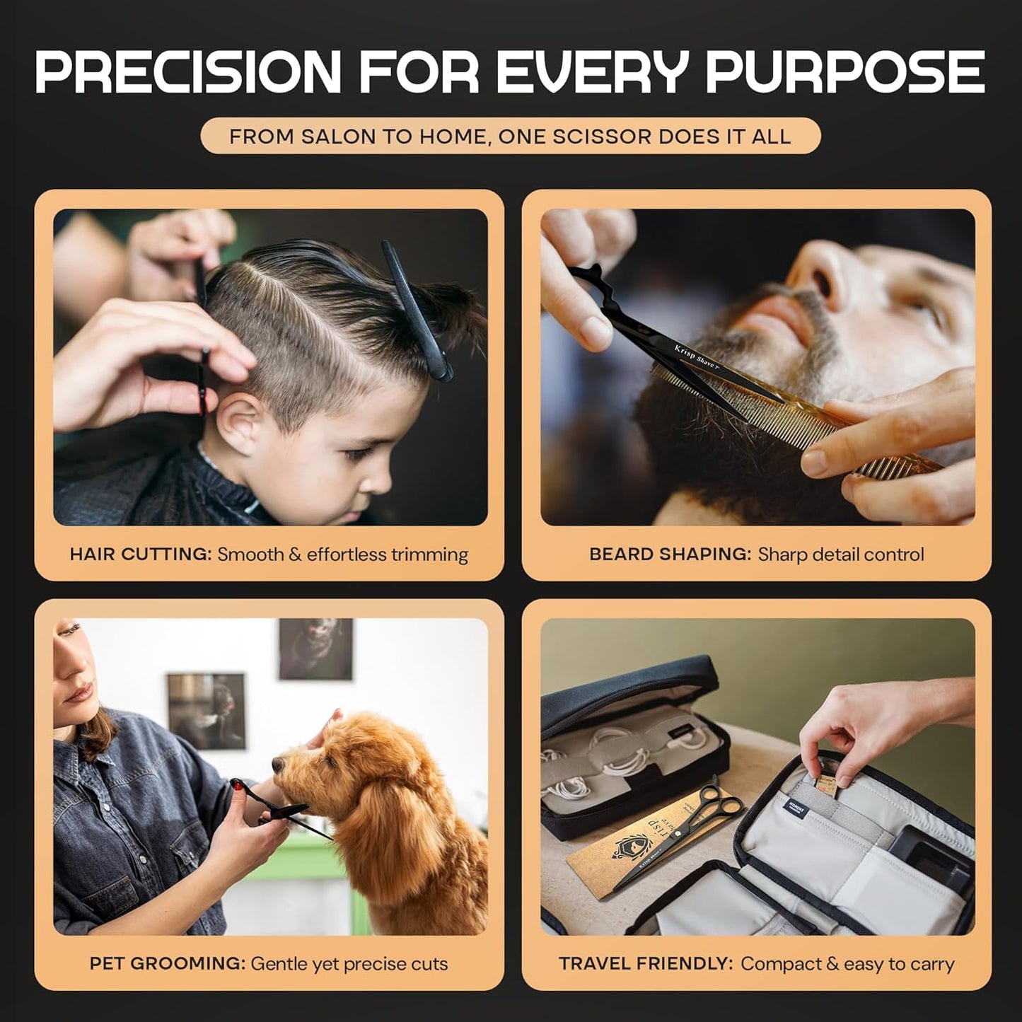 Professional Hair Cutting Scissors - Krisp Shave Japanese Stainless Steel Salon Barber Scissor (7 Inch) - Shears for Men's Beard Mustache Women Kids Pets Haircut All Purpose Shear, KSP-786