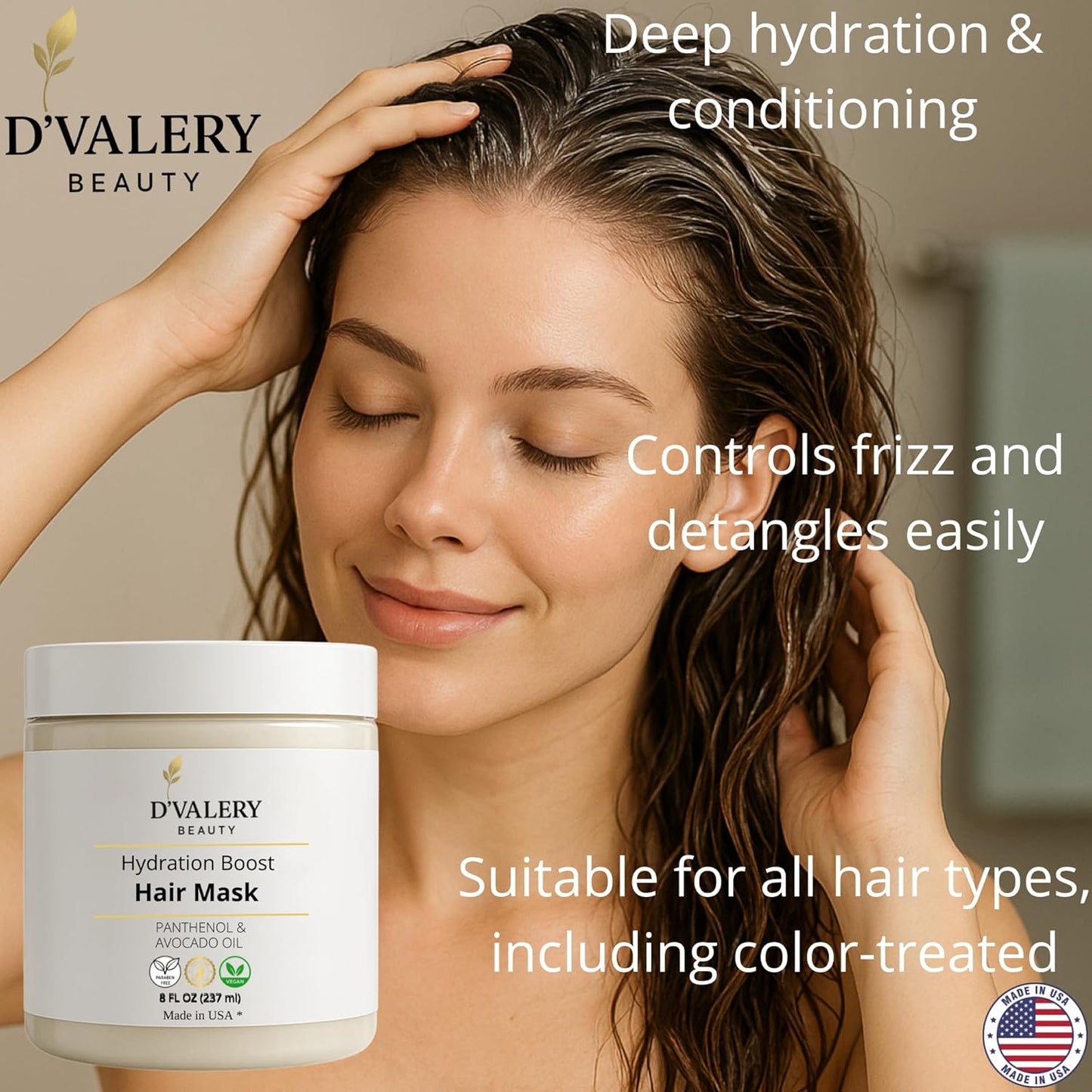 Hydrating Hair Mask with Avocado Oil & Panthenol – Deep Conditioning, Anti-Frizz & Detangling Treatment for Dry, Damaged or Color-Treated Hair – 8 oz