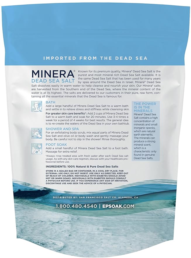 Minera Dead Sea Salt, 100% Pure & Natural, 5 lbs. Fine Grain (0-1.7 mm) Bulk Bag, Easily Dissolving Dead Sea Salts for Soaking & Bathing, Skin Nourishing Fine Sea Salt, Unscented