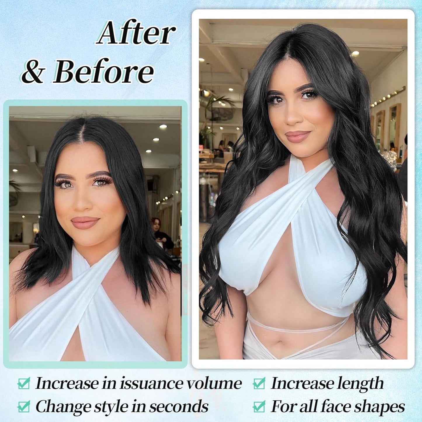 KooKaStyle Clip in Synthetic Hair Extensions Long Wavy 4PCS Thick Hairpieces Black Fiber Double Weft Natural Hair Extensions 16 Inch for Women