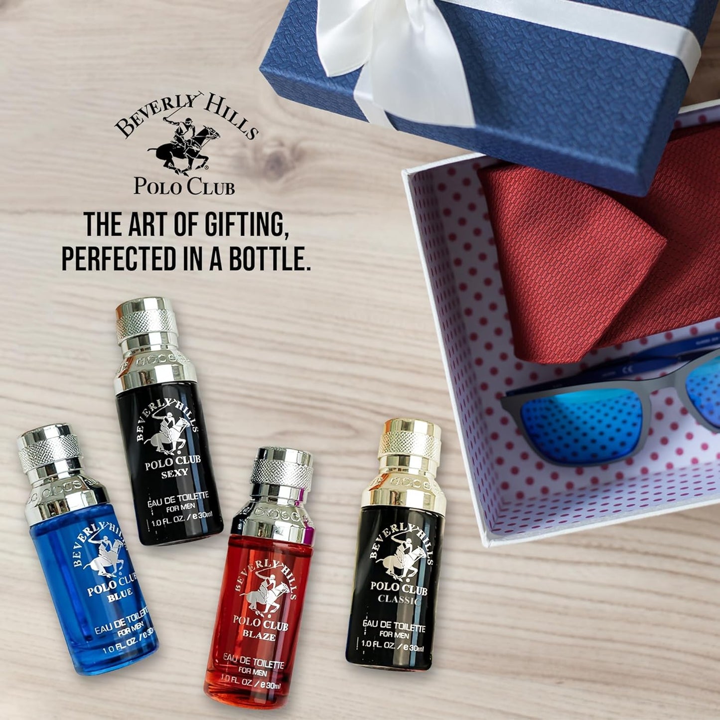 Beverly Hills Polo Club Men's Fragrance Collection - 4 Premium Eau de Toilette Colognes (1oz Each) - Diverse, Long-Lasting Scents: Blaze, Blue, Classic, Sexy - Ideal Gift Set for Him
