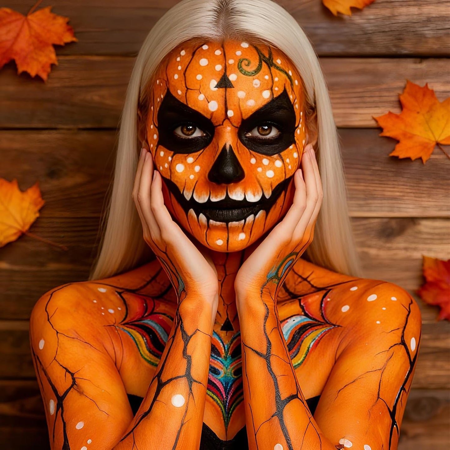 Halloween for Pumpkin Tiger Makeup Kit, Complete Halloween SFX Costume Makeup Set for Pumpkin &Tiger Cosplay ,Black White Orange Water-Based Face Paint Kit with Black Lip Gloss