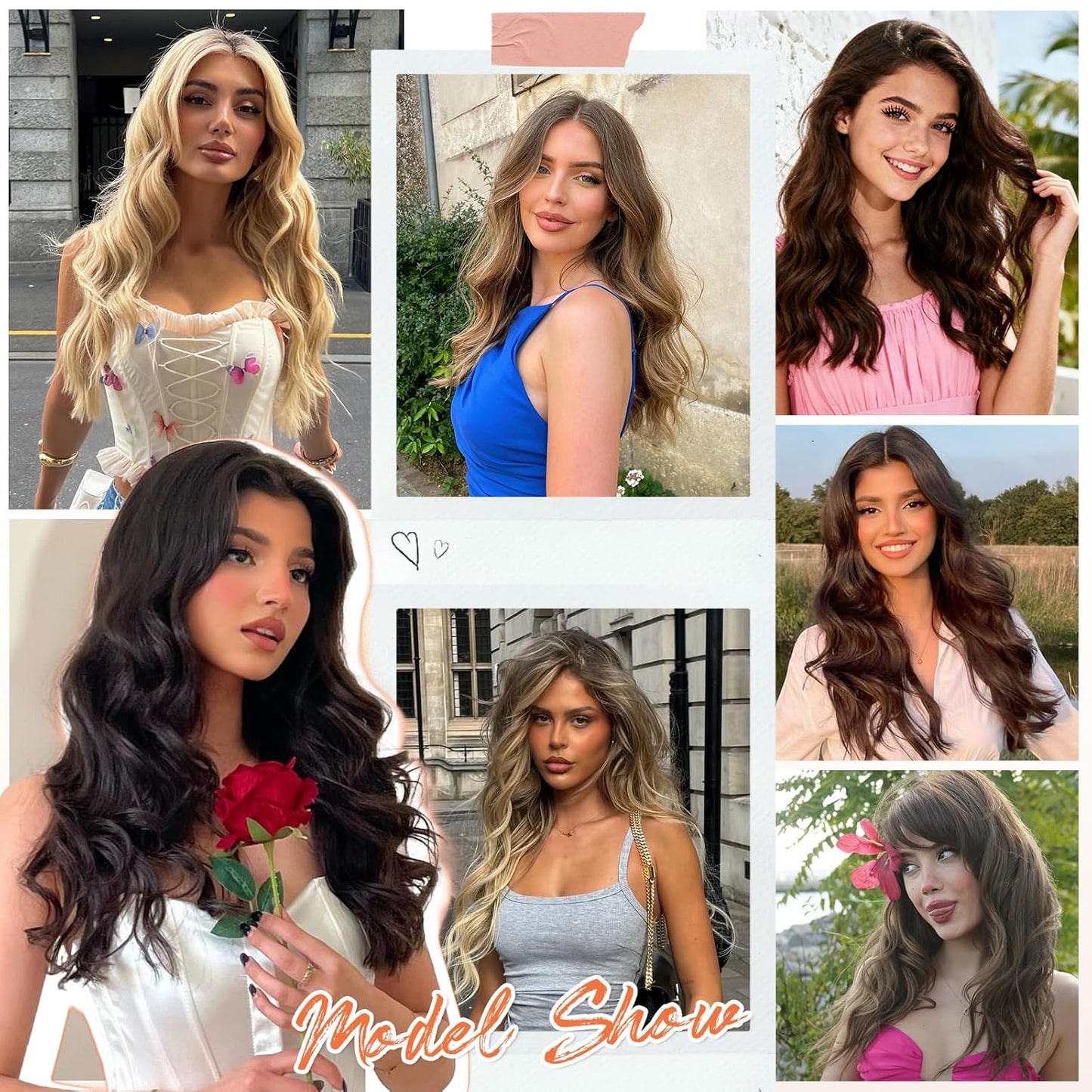 Clip in Long Wavy Synthetic Hair Extensions 16 Inch Black with Caramel Highlights 6PCS Thick Hairpieces Fiber Double Weft Hair for Women