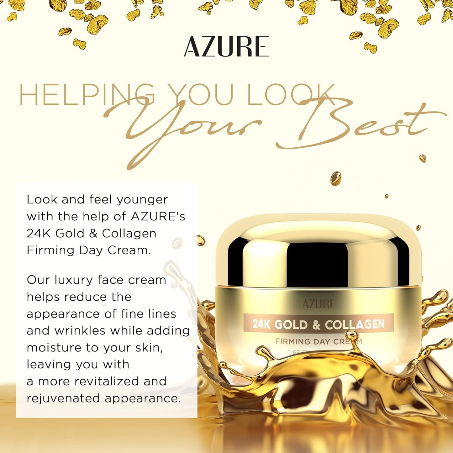 Azure Cosmetics 24K Gold & Collagen Face Moisturizer - Dermatologist Tested, Anti-Aging Face Cream - Skin Tightening, Fine Lines and Wrinkles Treatment - Korean Skin Care - All Skin Type - 2 Pack
