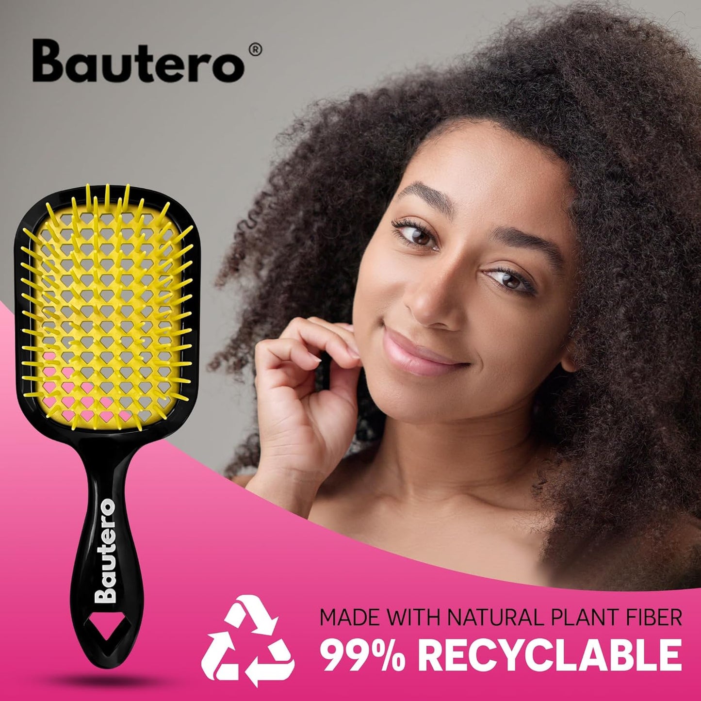 Detangling Hair Brush Saku Sunflower with Anti-Static Bristles, Black Pink, 8.9x3.15 Inch, 106 Flexible Bristles, Lightweight Ergonomic Design for Wet Dry Hair, Pain-Free Knot Removal