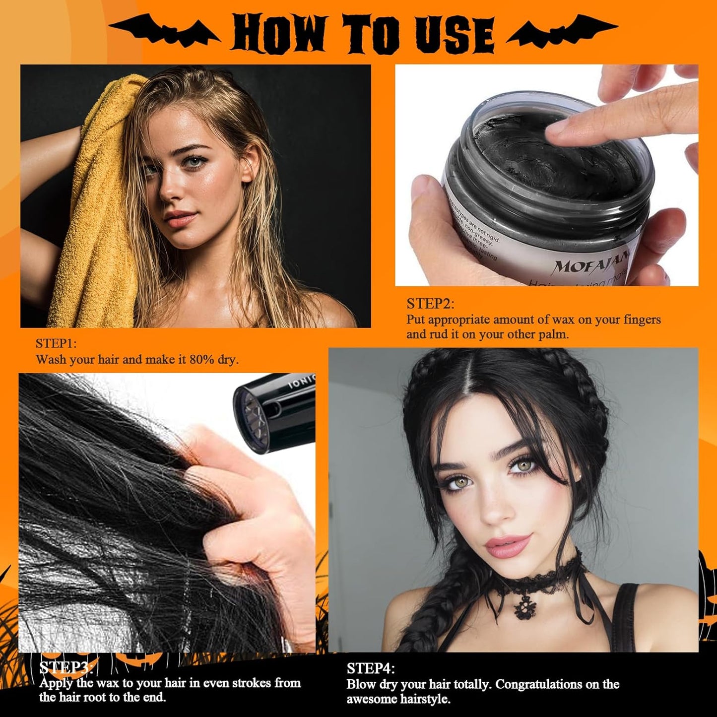 VOLLUCK Temporary Hair Clay Pomades 4.23 oz, Natural Hair Dye Material Disposable Hair Styling Clay Ash for Cosplay. Halloween, Party (Jet Black, 4.23 Ounce (Pack of 1)