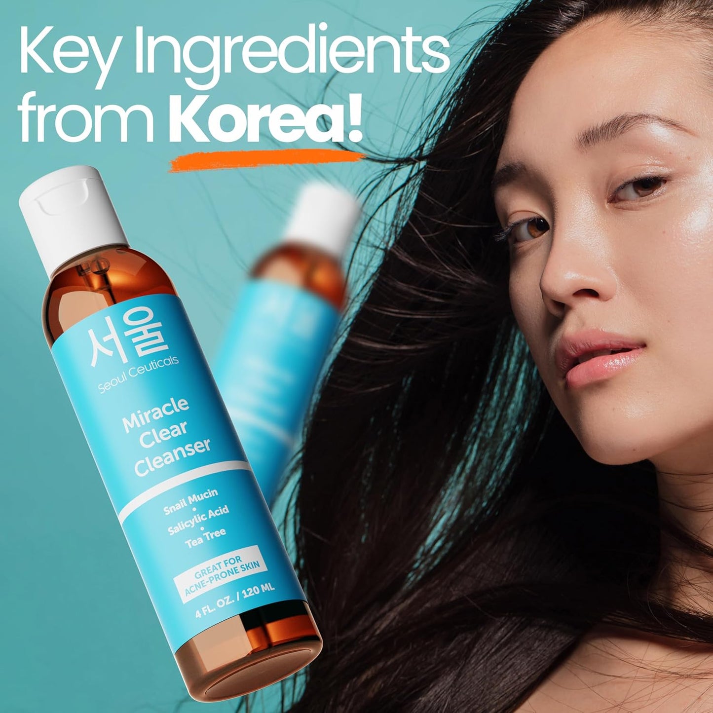 SeoulCeuticals Korean Acne Snail Cleanser Face Wash - Snail Mucin, Salicylic Acid & Tea Tree Acne Treatment for Sensitive Skin & K Beauty Glow 4oz