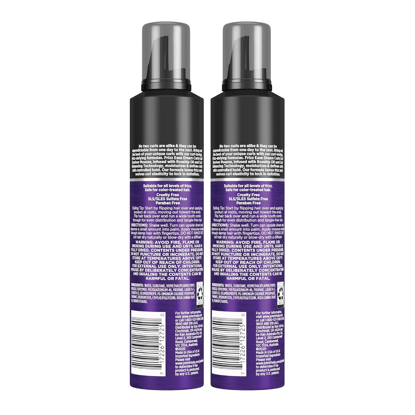 John Frieda Anti Frizz, Frizz Ease Dream Curls Curl Reviver Mousse, Enhances and Moisturizes Natural Curles, Creates a Soft Flexible Hold for Curly or Frizzy Hair, Alcohol-Free, 7.2 Oz, Pack of 2