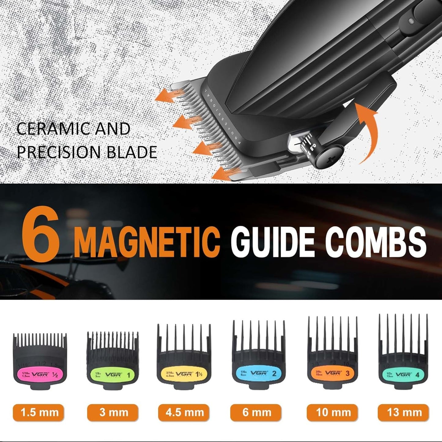 VGR 889C Professional Hair Clippers for Men, 9000RPM Cordless Barber Clippers with Ceramic & MIM Blades, 6 Magnetic Guide Combs, LED Display, USB Charging Base, Mens Grooming Kits for Barber