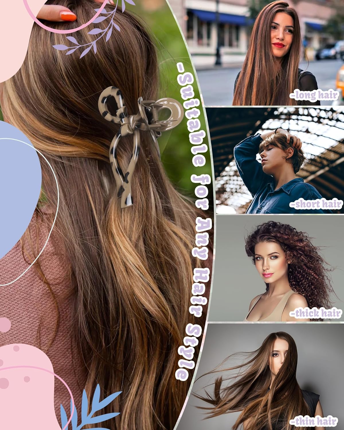 4 PCS Bow Hair Clips Bow Claw Clip for Women Nonslip Large Hair Claw Clips for Thin and Thick Hair Strong Hold Hair Bows (Black+Leopard Print)