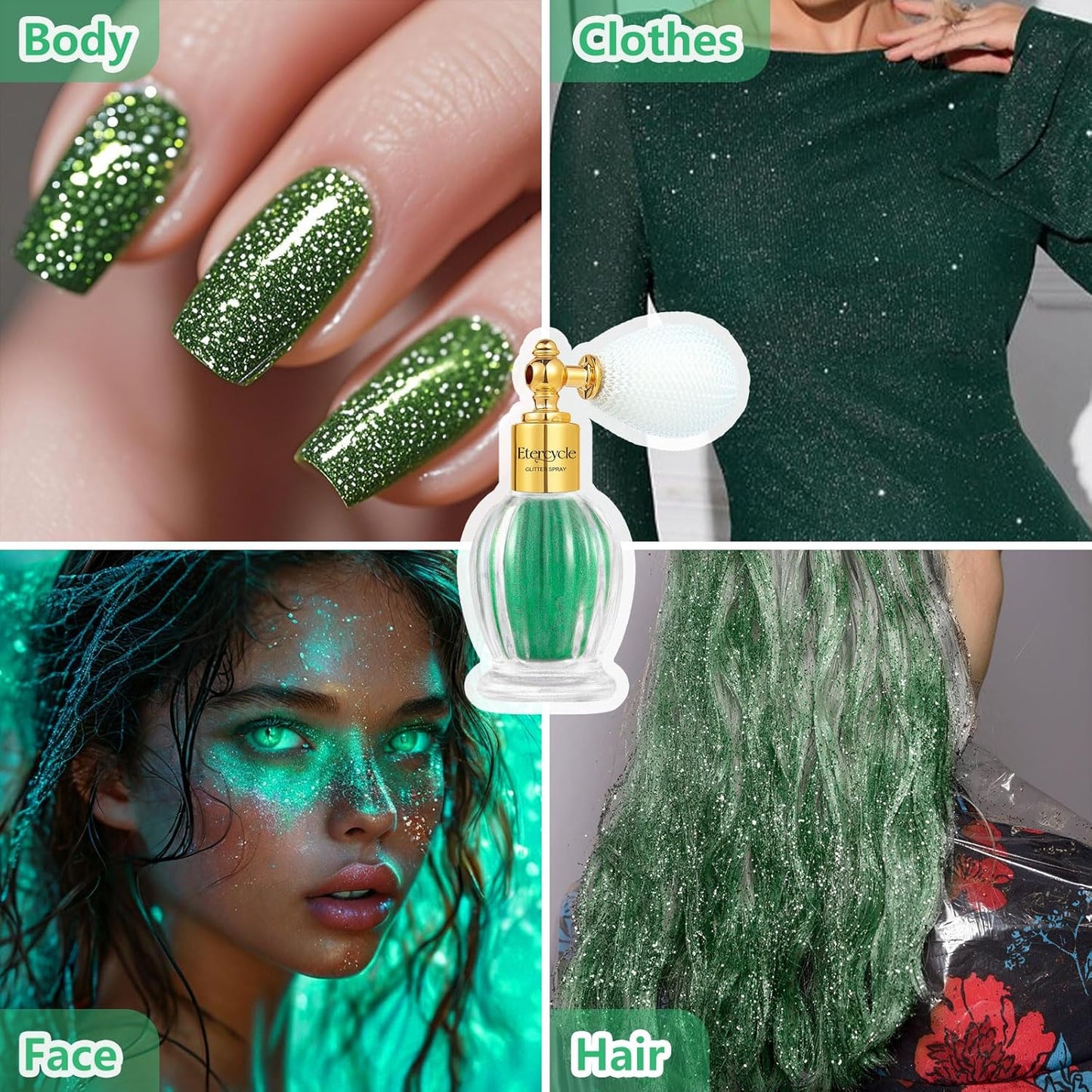 Etercycle Body Shimmer Spray, Green Hair Glitter Spray Sparkly Gifts, Face Glitter for Women Longwear and Quick Drying Fine Glitter Makeup for Y2K Accessories, Party, Stage Shows, Nightclubs, Bar