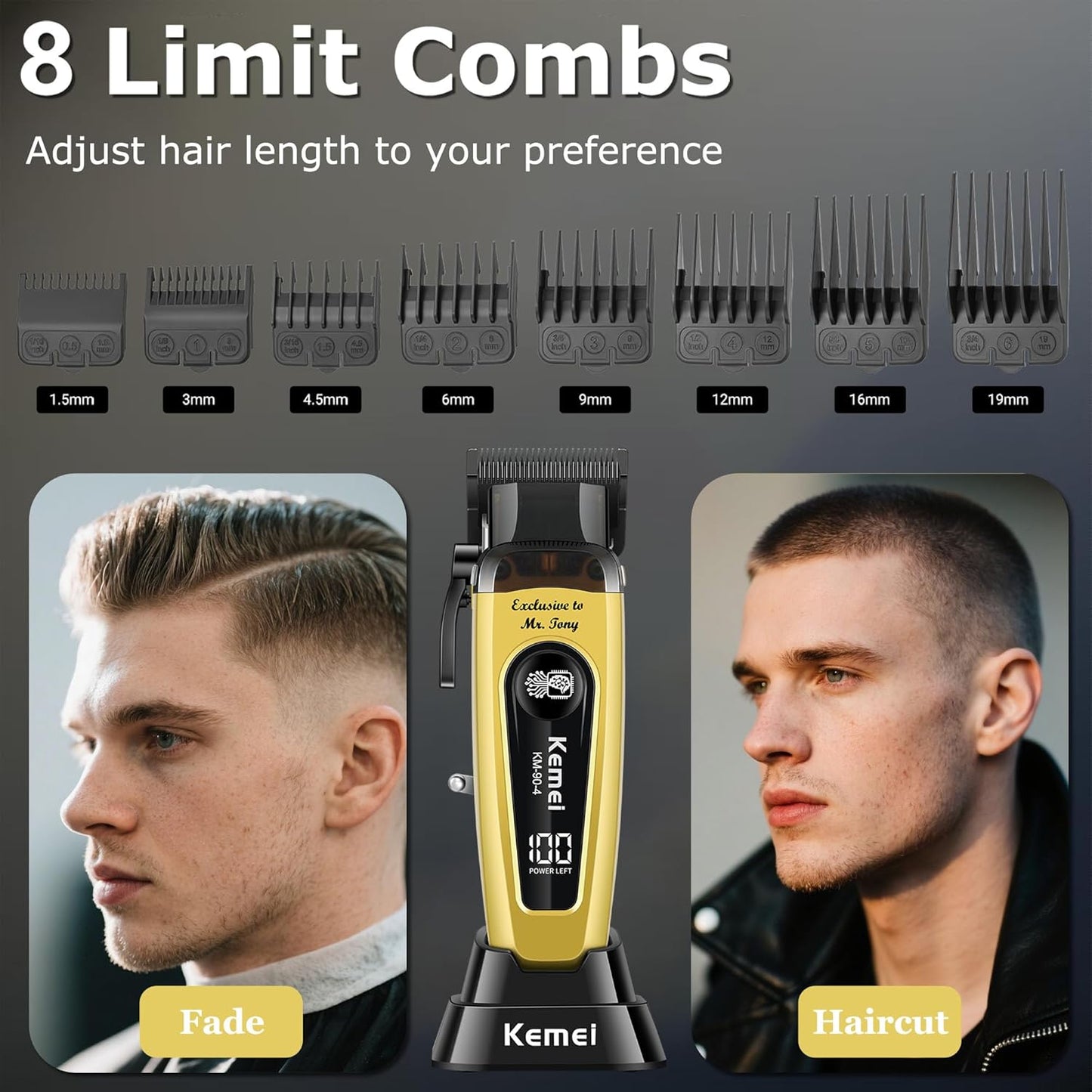 KEMEI 90-4 Professional Hair Clippers for Men, 11500 RPM Barber Clippers with LED Display, Cordless Hair Trimmer with DLC Blade & Charging Base, 2000 mAh Hair Clipper for Barbers Haircut Kit