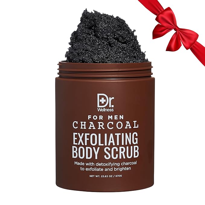 Dr. Wellness Body Scrub for Men- Ultimate Exfoliating Scrub Infused with Charcoal, Men’s Body Wash in Jar with Twist Top, 23 oz, For All Skin Types