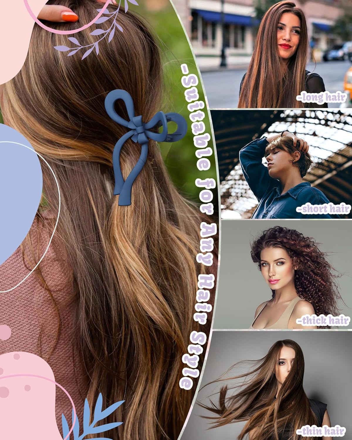 4 PCS Bow Hair Clips Bow Claw Clip for Women Nonslip Large Hair Claw Clips for Thin and Thick Hair Strong Hold Hair Bows (Gray+Light Brown+Dark Brown+Dark Blue)