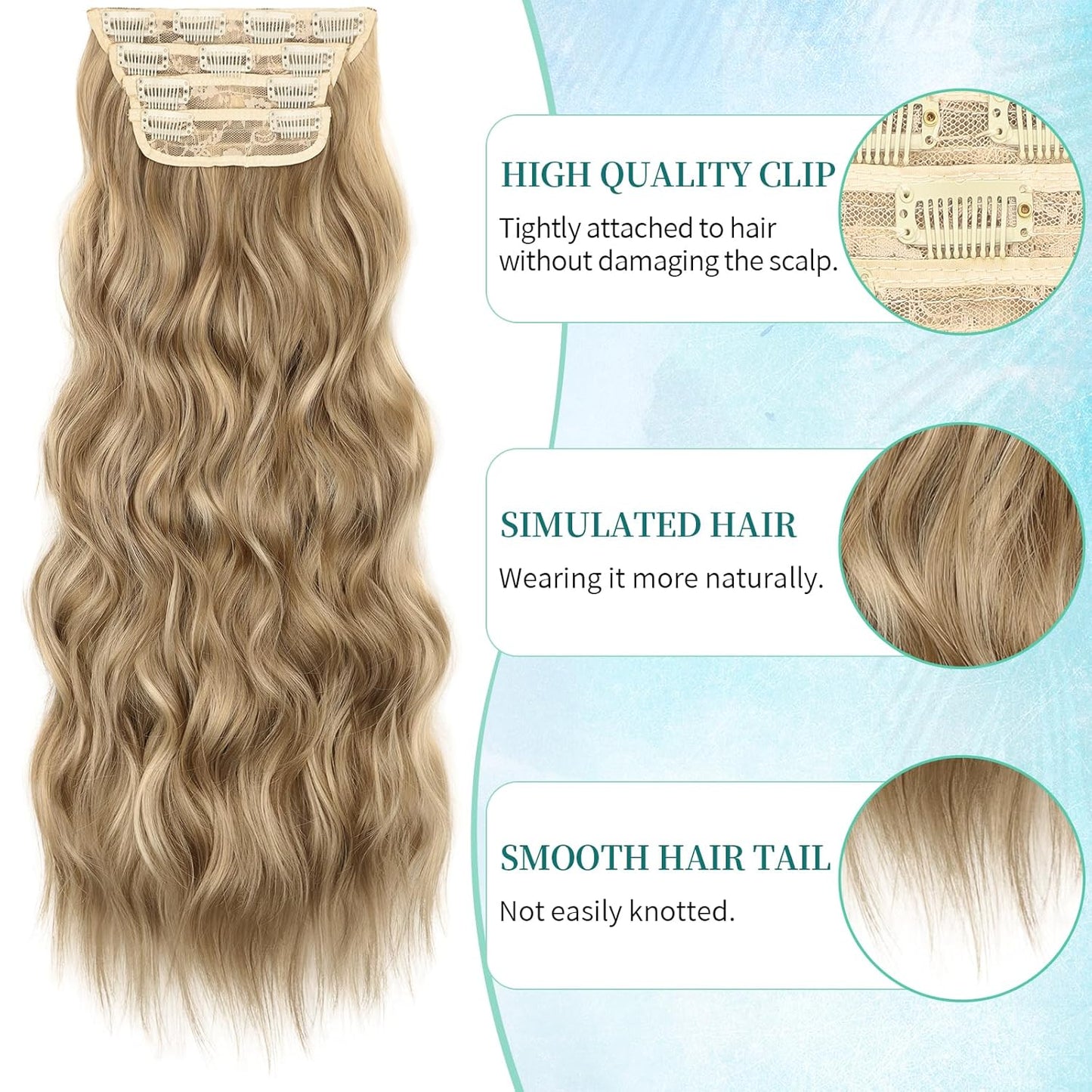 KooKaStyle Clip in Synthetic Hair Extensions Long Wavy 4PCS Thick Hairpieces Light Brown mix Golden Blonde Fiber Double Weft Natural Hair Extensions 24 Inch for Women