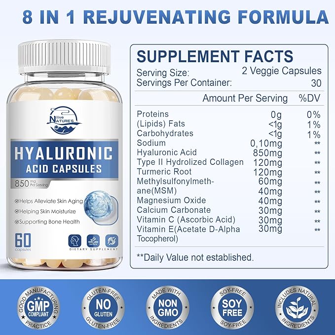 Nature's live Hyaluronic Acid Supplements, 850mg High Bioavailable Dietary Hyaluronic Acid Capsules, Double Strength Joint Lubrication, Skin Hydration, Hair & Nails Support, 60 Softgels, 1 Pack