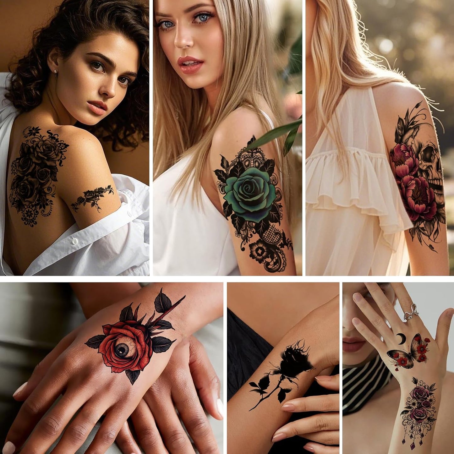 77 Sheets Flower Temporary Tattoo, 17 Sheets Half Arm Skull Rose Sunflower Fake Arm Leg Chest Tattoos for Adults Men Women, 60 Sheets Tiny Tattoos Stickers for Boys Girls Kids Party Favors