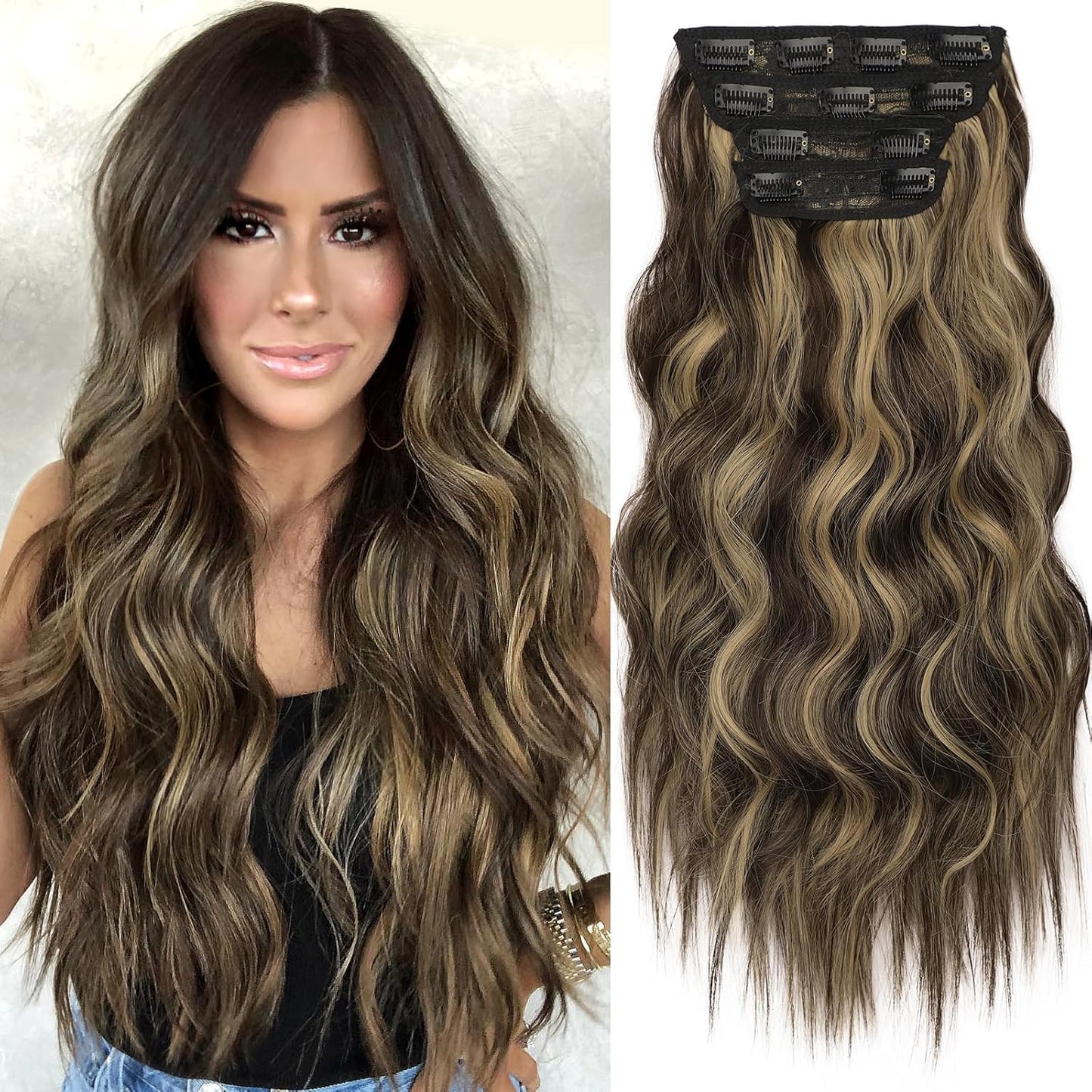 KooKaStyle Clip in Synthetic Hair Extensions Long Wavy 4PCS Thick Hairpieces Brown mix Sandy Blonde Fiber Double Weft Natural Hair Extensions 20 Inch for Women