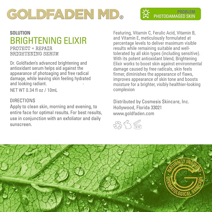 Goldfaden MD Brightening Elixir | Serum w/Vitamin C, Ferulic Acid, Vitamin B & Vitamin E Helps Aid Against Appearance of Photoaging | Leaves Skin Feeling Hydrated & Looking Radiant TRIAL .34 Fl Oz