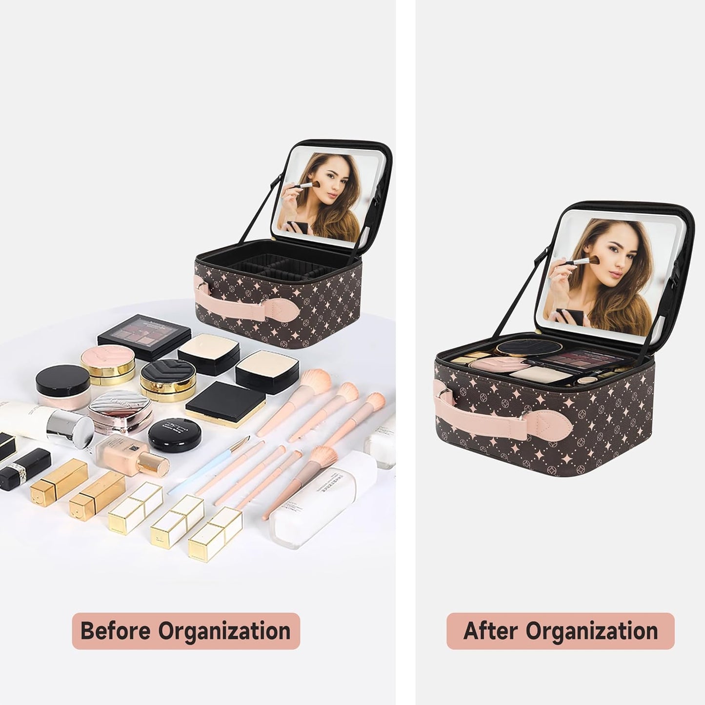 Travel Makeup Bag With 360° rotating LED Mirror,Waterproof cosmetic organizer,Portability Cosmetic case,Makeup organizer,Gift for Women,Girls Gift (Coffee + Pink)