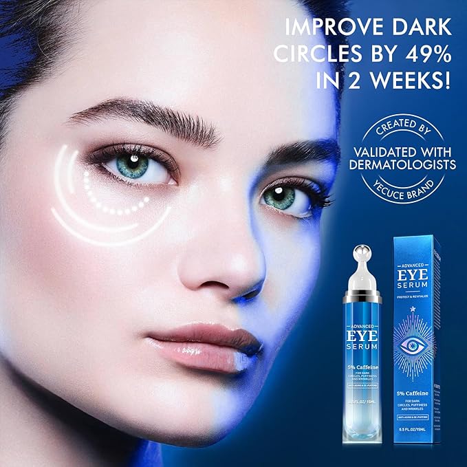 Eye Serum for Dark Circles and Puffiness - 5% Caffeine Under Eye Cream Anti Aging, with Retinol Hyaluronic Acid Niacinamide, Eye Serum for Eye Bags with 360ยฐ Eye Roller Ball for Women & Men