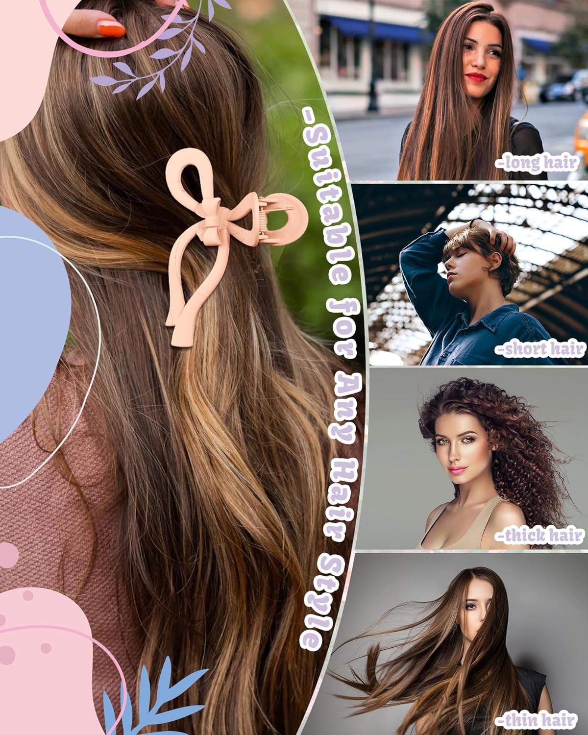 4 PCS Bow Hair Clips Bow Claw Clip for Women Nonslip Large Hair Claw Clips for Thin and Thick Hair Strong Hold Hair Bows (Orange+Blue+Purple+Green)